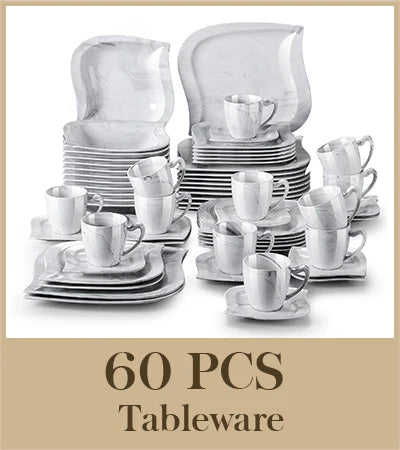 MALACASA 30/60 Piece White Porcelain Dinner Set with Cups Saucers Dessert Soup Dinner Plates Tableware Service for 6/12